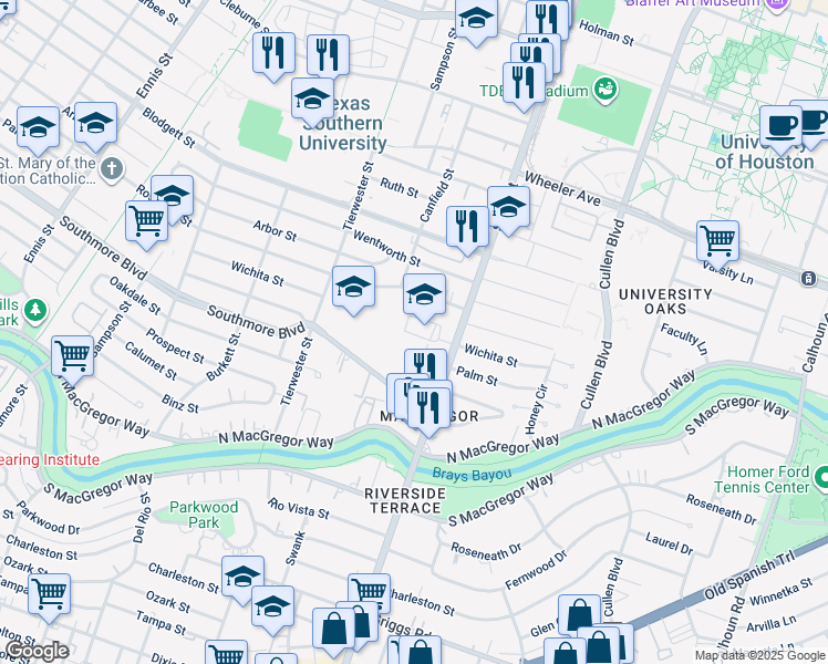 map of restaurants, bars, coffee shops, grocery stores, and more near 3711 Southmore Boulevard in Houston