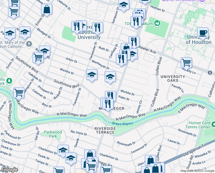 map of restaurants, bars, coffee shops, grocery stores, and more near 3711 Southmore Boulevard in Houston