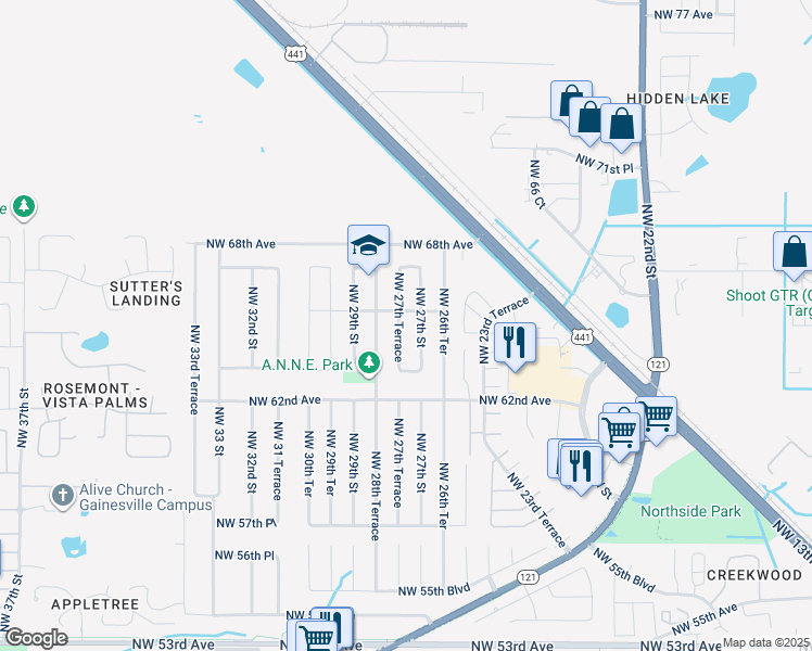 map of restaurants, bars, coffee shops, grocery stores, and more near 6603 Northwest 27th Terrace in Gainesville