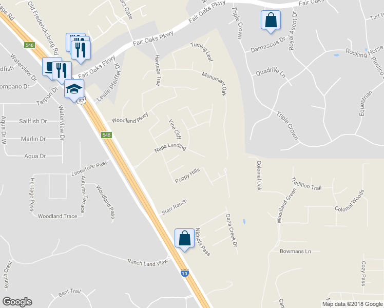map of restaurants, bars, coffee shops, grocery stores, and more near 8626 Napa Landing in Boerne