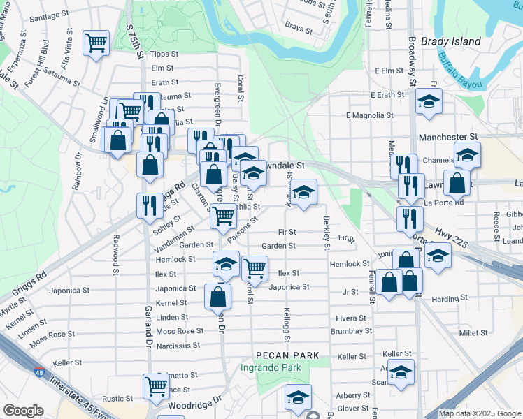 map of restaurants, bars, coffee shops, grocery stores, and more near 7310 Bowie Street in Houston