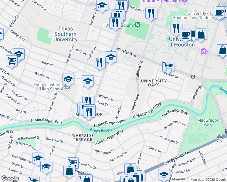 map of restaurants, bars, coffee shops, grocery stores, and more near 3851 Arbor Street in Houston