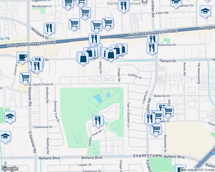 map of restaurants, bars, coffee shops, grocery stores, and more near 8022 Sands Point Drive in Houston