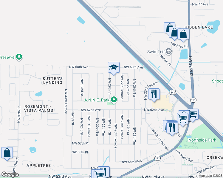 map of restaurants, bars, coffee shops, grocery stores, and more near 6604 Northwest 28th Terrace in Gainesville