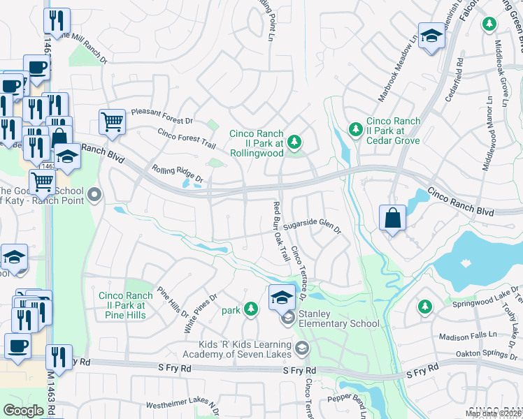 map of restaurants, bars, coffee shops, grocery stores, and more near 5103 Red Oak Valley Drive in Katy