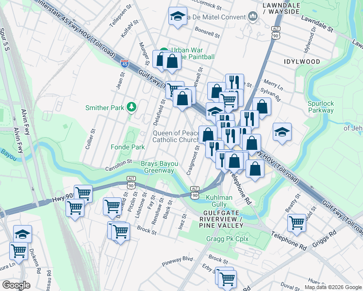 map of restaurants, bars, coffee shops, grocery stores, and more near 2416 Auburndale Street in Houston