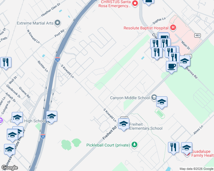 map of restaurants, bars, coffee shops, grocery stores, and more near 563 Pebble Bend in New Braunfels