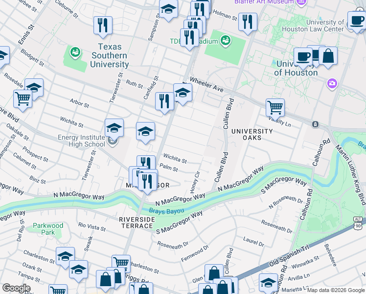 map of restaurants, bars, coffee shops, grocery stores, and more near 3818 Arbor Street in Houston
