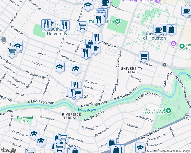map of restaurants, bars, coffee shops, grocery stores, and more near 3818 Arbor Street in Houston