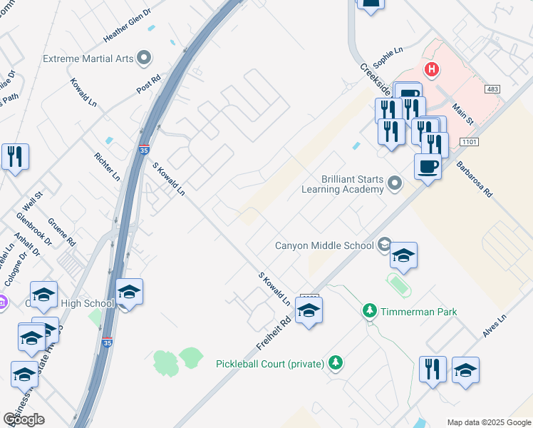 map of restaurants, bars, coffee shops, grocery stores, and more near 563 Pebble Bend in New Braunfels