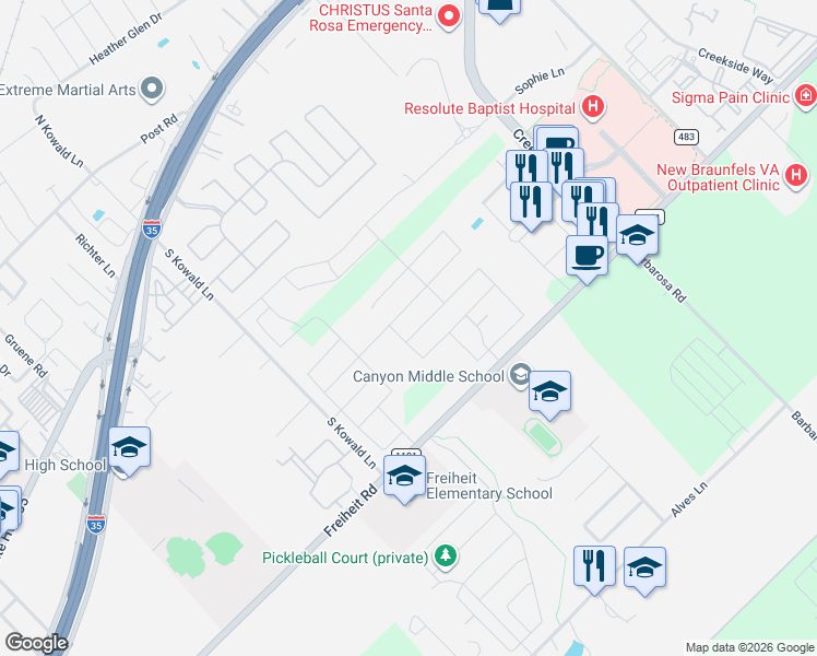 map of restaurants, bars, coffee shops, grocery stores, and more near 2012 Brandywine Drive in New Braunfels