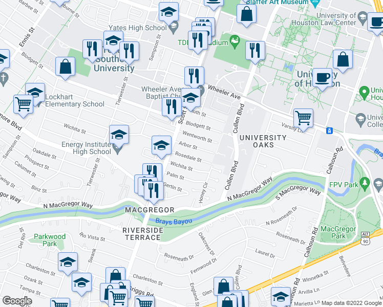 map of restaurants, bars, coffee shops, grocery stores, and more near 3818 Arbor Street in Houston