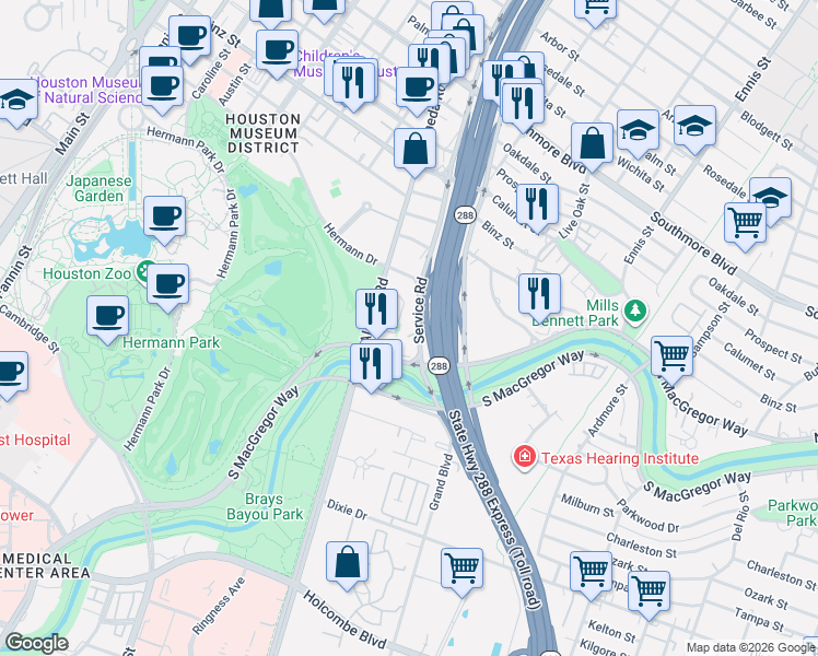 map of restaurants, bars, coffee shops, grocery stores, and more near 5927a Almeda Road in Houston