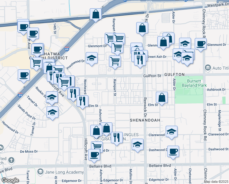 map of restaurants, bars, coffee shops, grocery stores, and more near 6103 Rampart Street in Houston