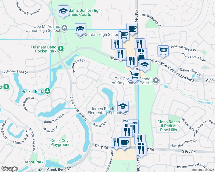 map of restaurants, bars, coffee shops, grocery stores, and more near 27327 Symphony Creek Lane in Fulshear