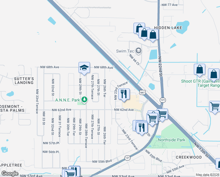 map of restaurants, bars, coffee shops, grocery stores, and more near 2321 Northwest 65 Road in Gainesville