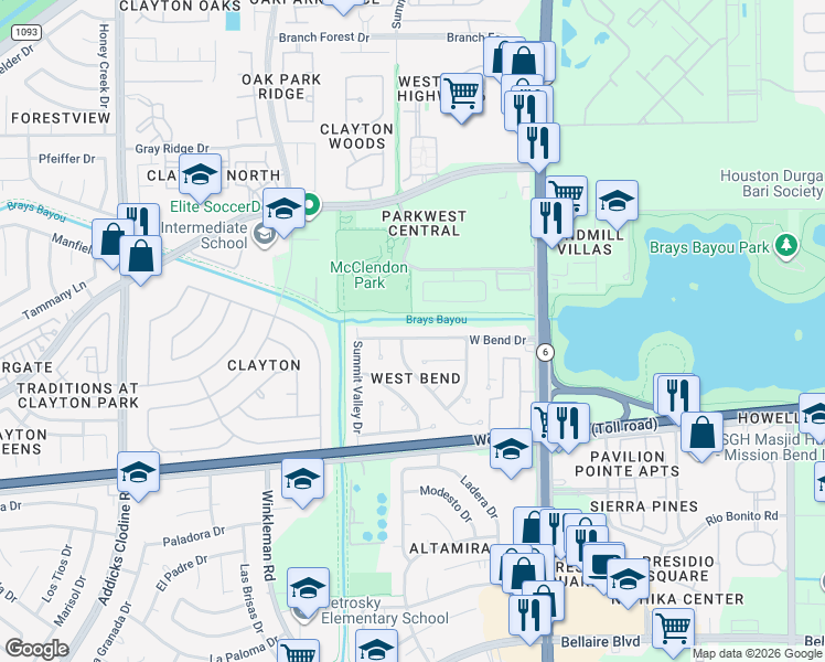 map of restaurants, bars, coffee shops, grocery stores, and more near 14834 West Bend Drive in Houston