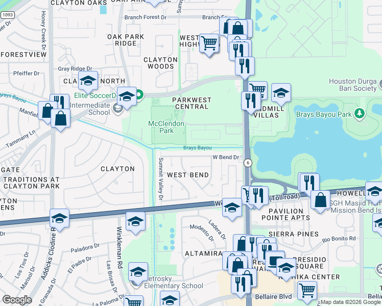 map of restaurants, bars, coffee shops, grocery stores, and more near 14834 West Bend Drive in Houston
