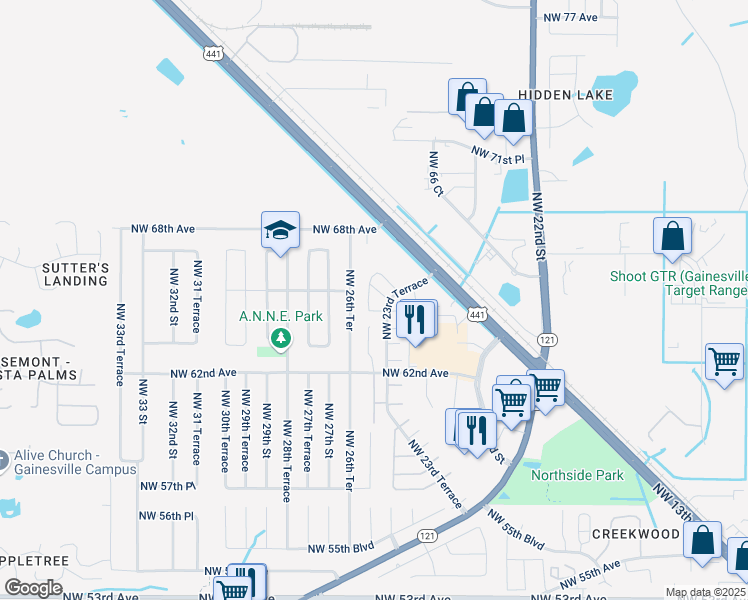 map of restaurants, bars, coffee shops, grocery stores, and more near 6515 Northwest 25th Terrace in Gainesville