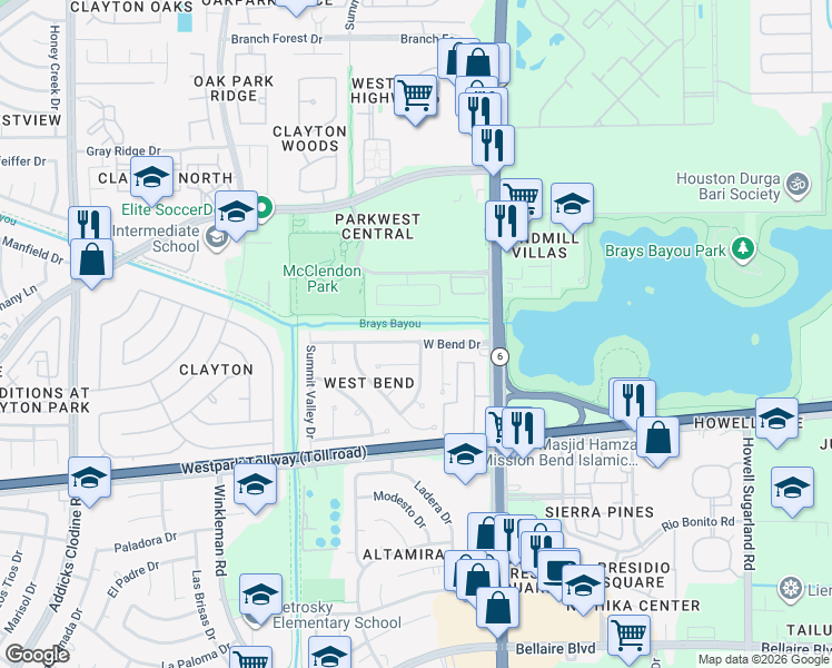 map of restaurants, bars, coffee shops, grocery stores, and more near 14802 West Bend Drive in Houston