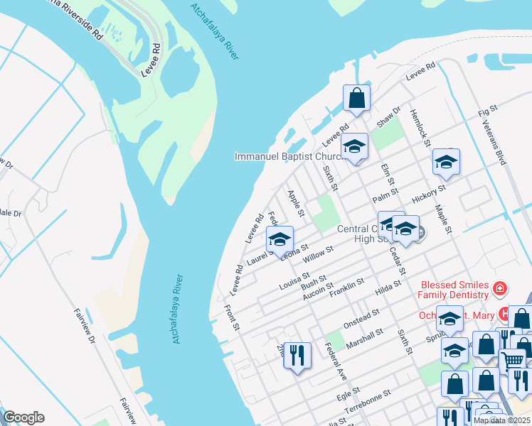 map of restaurants, bars, coffee shops, grocery stores, and more near 544 Levee Road in Morgan City