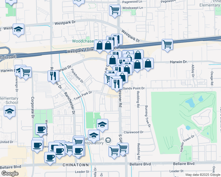 map of restaurants, bars, coffee shops, grocery stores, and more near 3205 Point West Drive in Houston