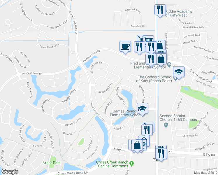 map of restaurants, bars, coffee shops, grocery stores, and more near Kingsland Place Lane in Katy