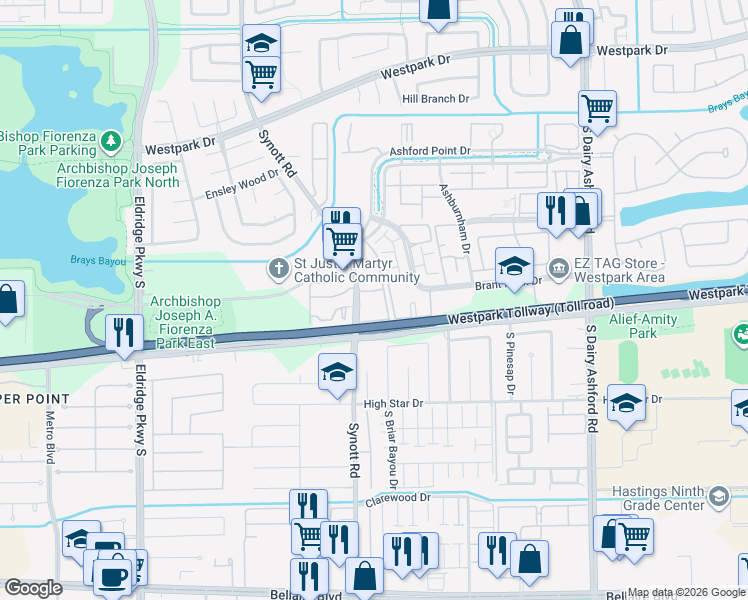 map of restaurants, bars, coffee shops, grocery stores, and more near 3939 Synott Road in Houston