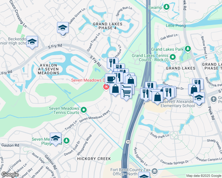 map of restaurants, bars, coffee shops, grocery stores, and more near 23010 Meadow Lane in Katy