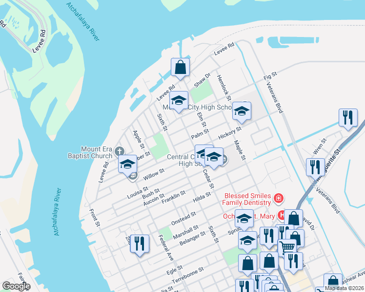 map of restaurants, bars, coffee shops, grocery stores, and more near 2408 Sixth Street in Morgan City