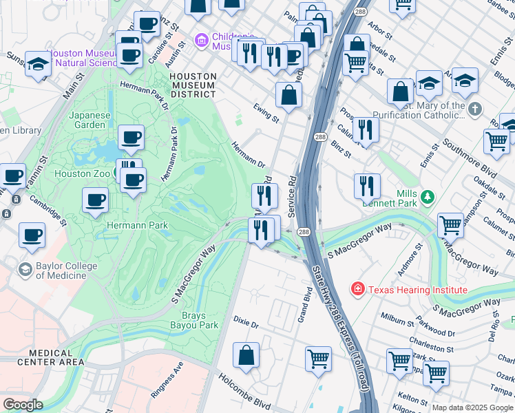 map of restaurants, bars, coffee shops, grocery stores, and more near 5838 Almeda Road in Houston