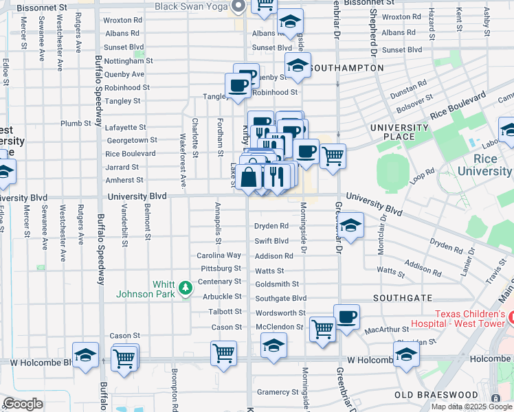 map of restaurants, bars, coffee shops, grocery stores, and more near 2551 Amherst Street in Houston