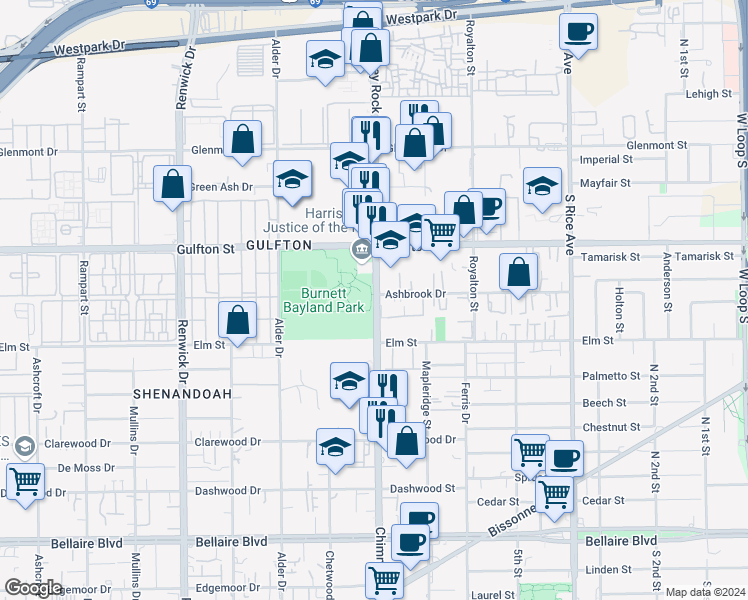 map of restaurants, bars, coffee shops, grocery stores, and more near 6200 Chimney Rock Road in Houston