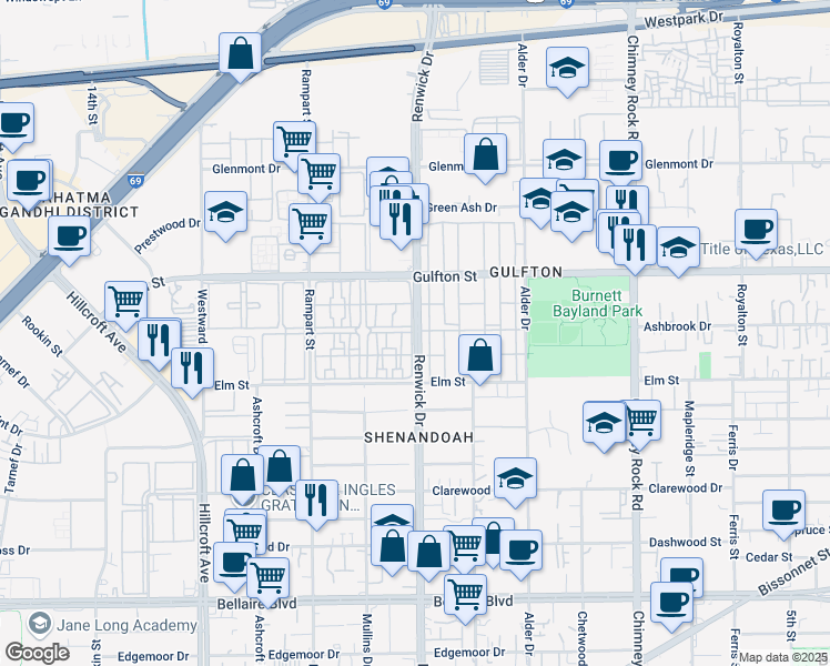 map of restaurants, bars, coffee shops, grocery stores, and more near 6114 Renwick Drive in Houston