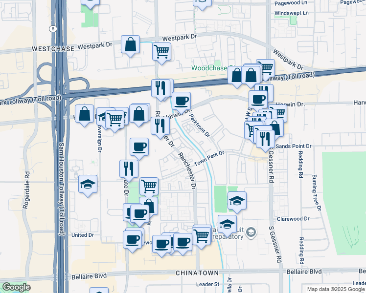 map of restaurants, bars, coffee shops, grocery stores, and more near in Houston