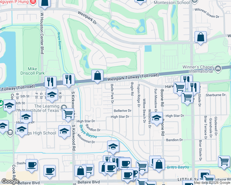 map of restaurants, bars, coffee shops, grocery stores, and more near 11542 Chesswood Drive in Houston