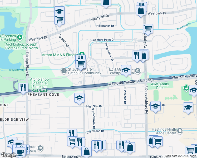 map of restaurants, bars, coffee shops, grocery stores, and more near 13007 Lexa Manor in Houston
