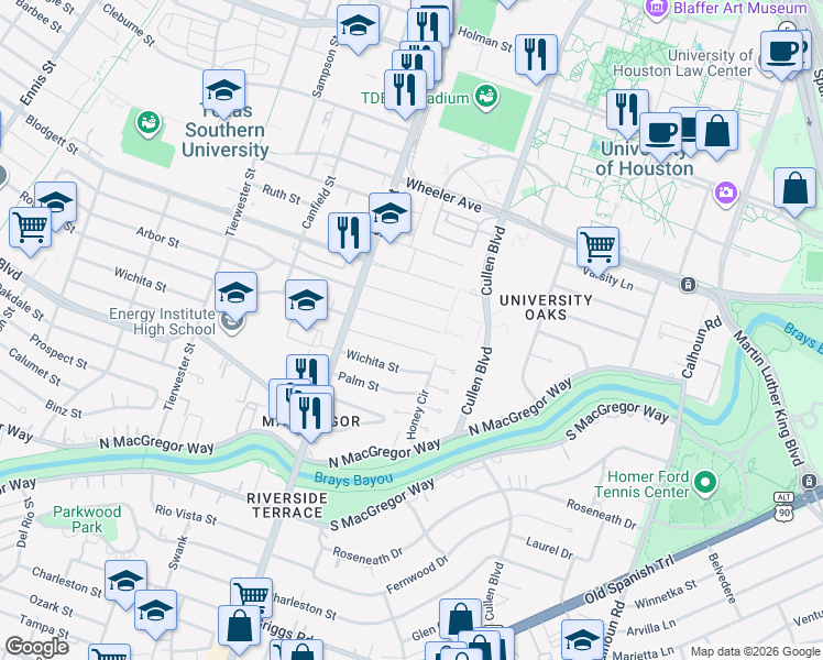 map of restaurants, bars, coffee shops, grocery stores, and more near 3851 Arbor Street in Houston