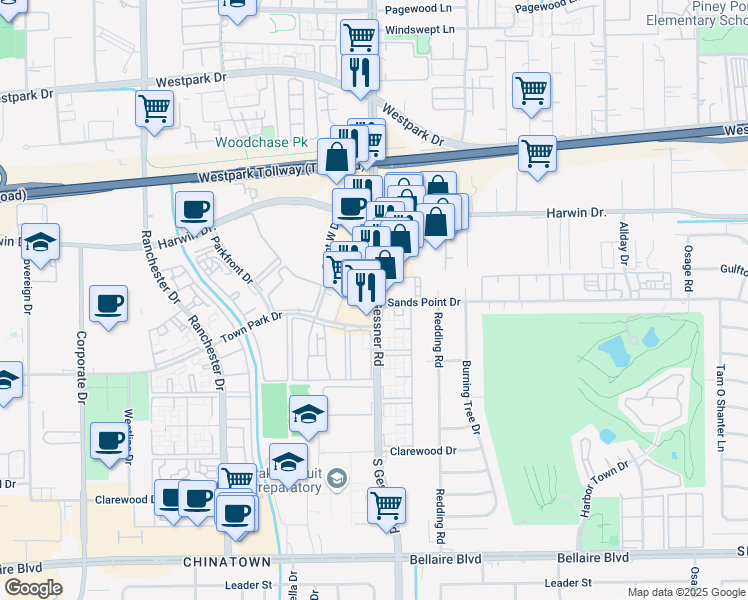 map of restaurants, bars, coffee shops, grocery stores, and more near South Gessner Road & Sands Point Drive in Houston