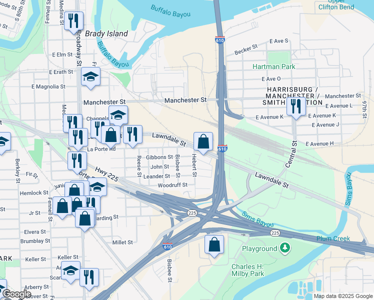 map of restaurants, bars, coffee shops, grocery stores, and more near 9100 La Porte Road in Houston