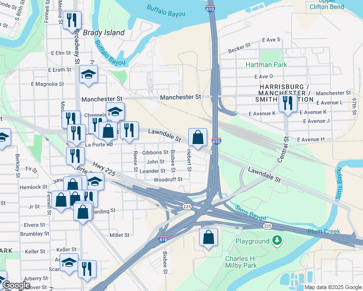 map of restaurants, bars, coffee shops, grocery stores, and more near 9100 La Porte Road in Houston