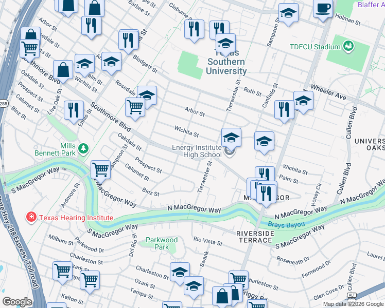 map of restaurants, bars, coffee shops, grocery stores, and more near 3412 Palm Street in Houston