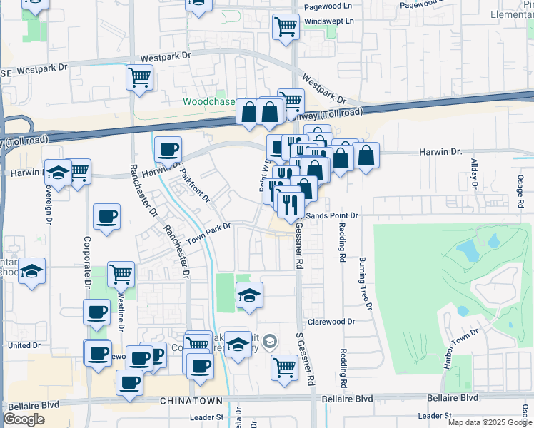map of restaurants, bars, coffee shops, grocery stores, and more near 3205 Point West Drive in Houston