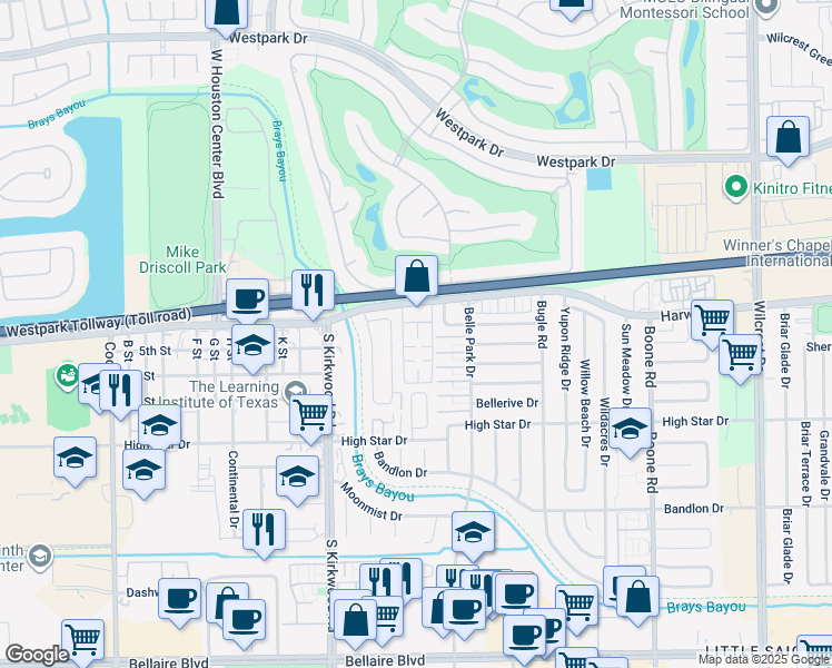 map of restaurants, bars, coffee shops, grocery stores, and more near 11701 Alief Clodine Road in Houston