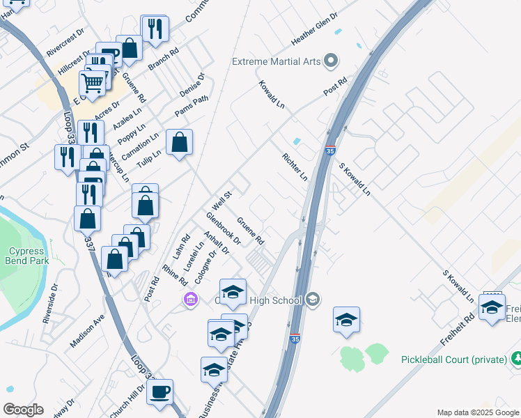 map of restaurants, bars, coffee shops, grocery stores, and more near 128 Luckett Drive in New Braunfels