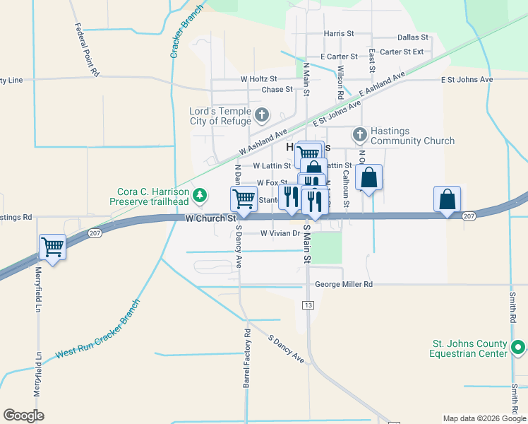 map of restaurants, bars, coffee shops, grocery stores, and more near 8845 West Church Street in Hastings