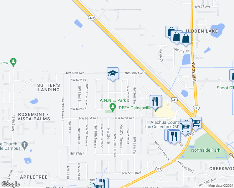 map of restaurants, bars, coffee shops, grocery stores, and more near 6517 Northwest 28th Terrace in Gainesville
