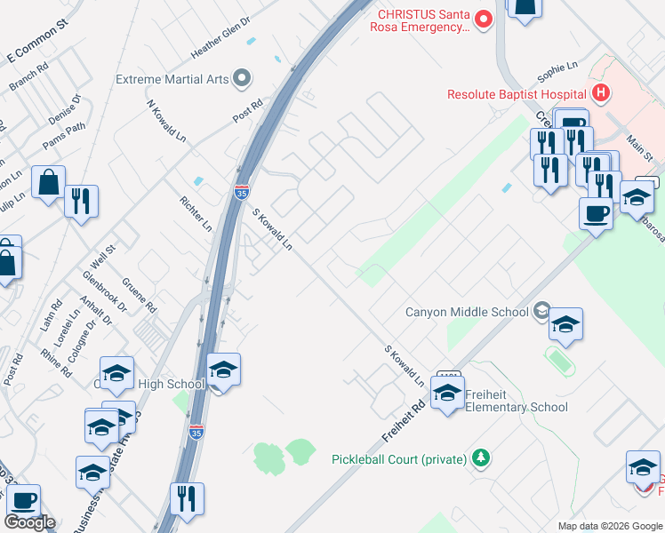 map of restaurants, bars, coffee shops, grocery stores, and more near 253 South Kowald Lane in New Braunfels