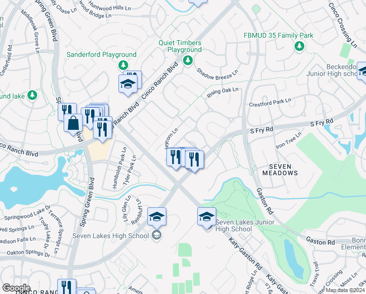 map of restaurants, bars, coffee shops, grocery stores, and more near 5511 Custard Apple Trail in Katy