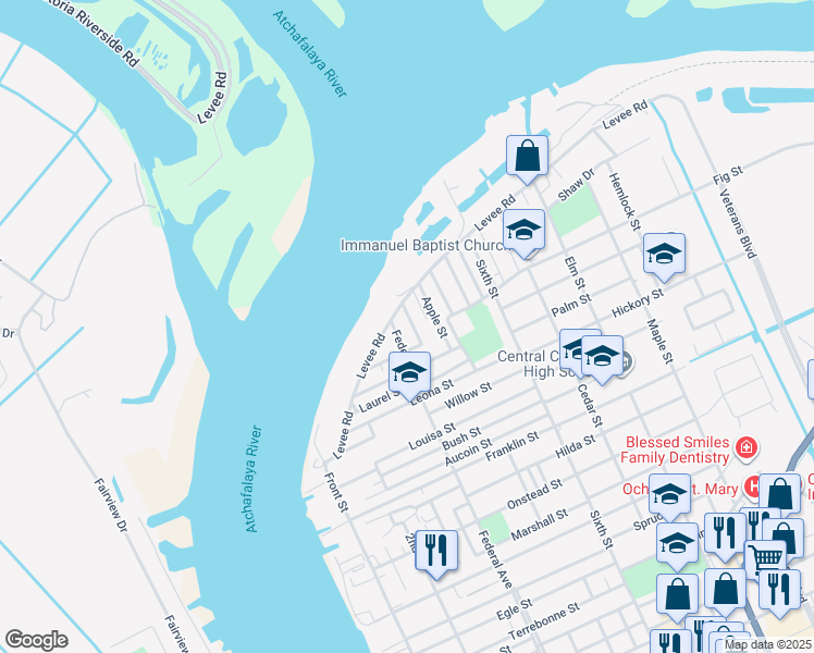 map of restaurants, bars, coffee shops, grocery stores, and more near 544-572 Levee Road in Morgan City